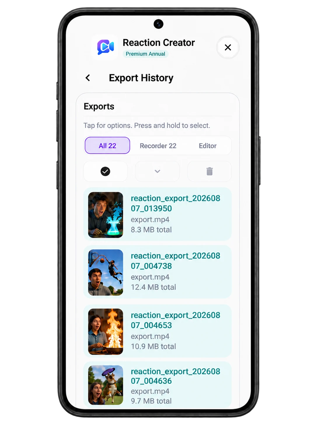 Reaction Creator Export History screen