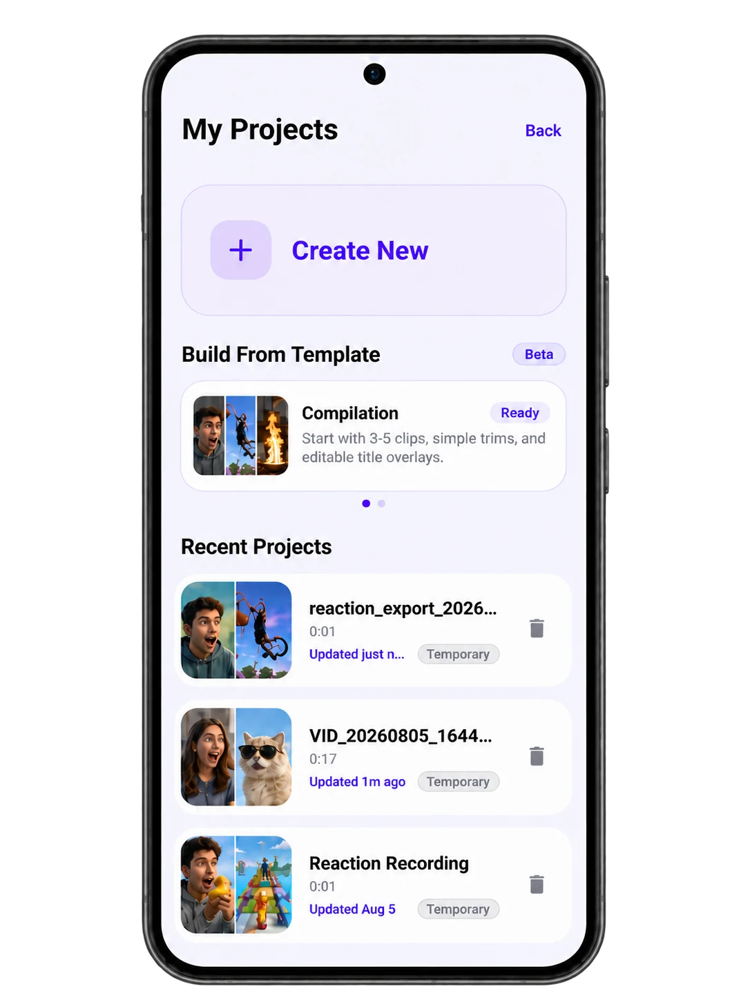 Reaction Creator Projects screen